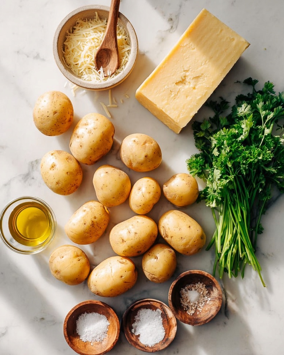 The image shows a collection of small to medium round yellow potatoes spread out on a white marbled texture. On the top left, there is a small beige bowl filled with grated cheese and a woman’s wooden spoon placed inside it. Next to it, a rectangular block of pale yellow cheese stands upright. To the right, a bunch of fresh green parsley lies with bright leafy stalks. Near the bottom right, there are three small wooden bowls containing fine white salt, a powdery white substance, and coarse salt arranged neatly. A small clear glass container filled with golden olive oil is positioned nearby. The lighting is soft and natural with gentle shadows. Photo taken with an iphone --ar 4:5 --v 7