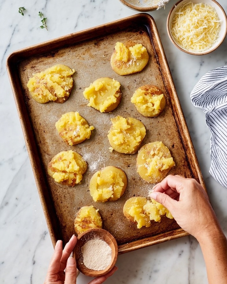 The image shows a baking sheet with twelve flattened, golden-yellow potato pieces scattered on it. The potatoes have a rough, mashed texture with some smooth and some chunky areas, each piece varying slightly in shape and size. The baking sheet has a well-used, slightly worn look with browned edges. A woman's hands are seen at the bottom of the image, one holding a small wooden bowl with a light powdery substance while the other sprinkles the powder onto the potatoes. The surface beneath the baking sheet is a white marbled texture, with a small bowl of grated cheese and a striped cloth partially visible in the top right corner. photo taken with an iphone --ar 4:5 --v 7