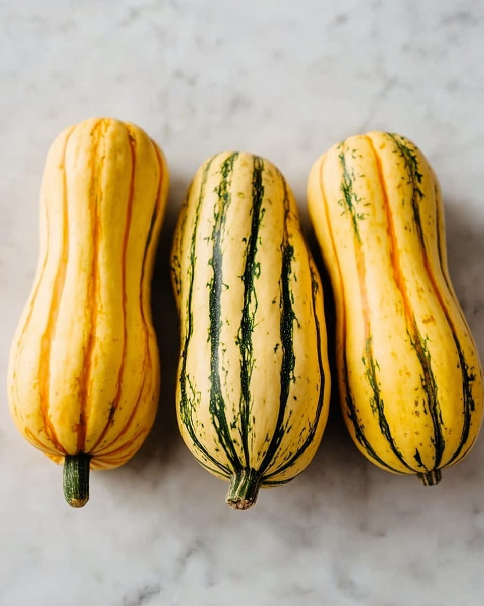 Four whole delicata squashes are placed in a row on a white marbled surface. Each squash is elongated with a smooth texture, showing yellow skin with green vertical stripes except for the third one from the left which has orange vertical stripes. The sizes vary slightly, with the second squash from the left being the longest, and the others are shorter and rounder. Their stems are short and greenish. The lighting is soft, highlighting the natural color and texture of the squashes. photo taken with an iphone --ar 4:5 --v 7