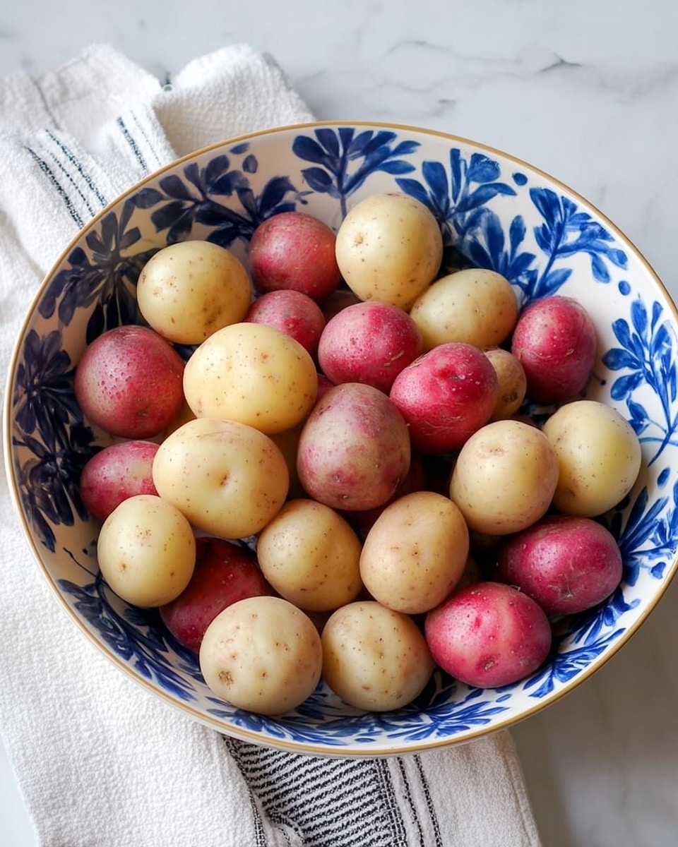 A white bowl with blue leafy patterns filled with small round potatoes, about two layers deep; the top layer mainly shows a mix of pale yellow and red potatoes with smooth skins and a few small eyes. The bowl sits on a white marbled surface with a white cloth featuring thin black stripes near the edge of the frame. Photo taken with an iphone --ar 4:5 --v 7