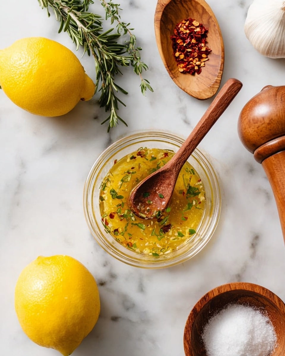 The image shows a glass bowl at the center filled with a yellow liquid mixture with small bits of green herbs and spices, and a small wooden spoon resting inside it. Below this bowl, there are two bright yellow lemons placed on the left side, and a wooden bowl with a small amount of white salt on the bottom right. Slightly above and to the right of the glass bowl, there is a wooden spoon holding red chili flakes. To the left of the lemons, a small sprig of green rosemary is placed. On the far right edge of the image, a part of a white garlic bulb and the top of a wooden pepper grinder are partially visible. All items are set on a white marbled surface photo taken with an iphone --ar 4:5 --v 7