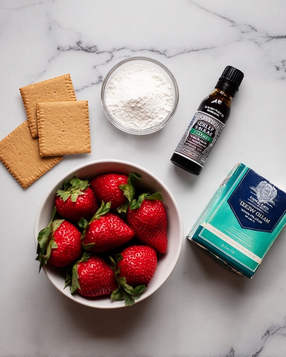 The image shows five ingredients arranged on a white marbled surface. There are two light brown square graham crackers on the top left, a small white bowl filled with bright red strawberries with green leaves in the bottom left, a white bowl containing fine white powder positioned above the strawberries, a dark glass bottle of vanilla extract with a black cap to the right of the bowl of powder, and a teal and navy blue block of cream cheese in paper packaging located at the bottom right. Photo taken with an iphone --ar 4:5 --v 7
