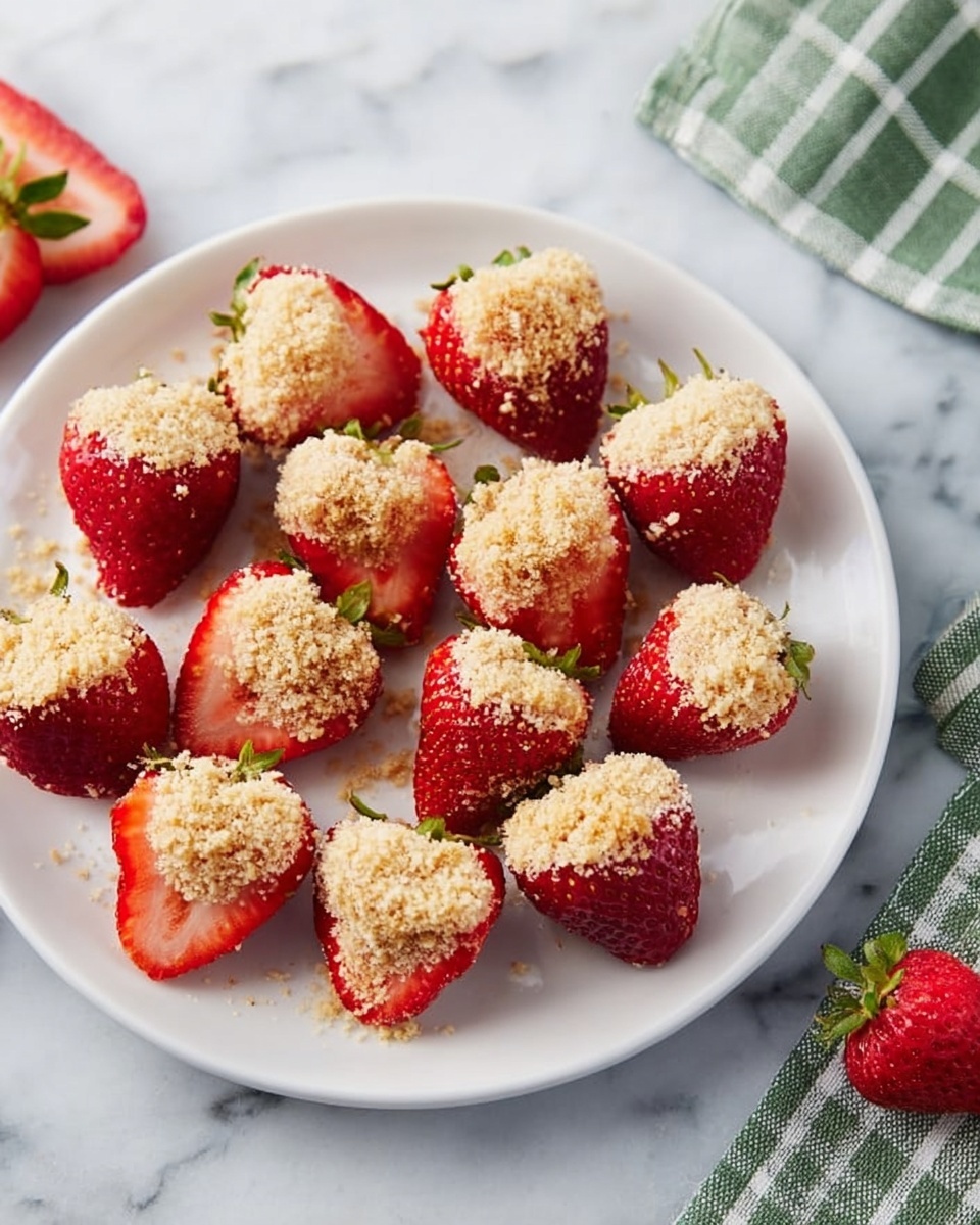 A white round plate full of bright red strawberry halves, each topped with a crumbly beige mixture, creating a contrast in texture. The strawberries are evenly placed in the plate, showing their juicy and smooth skin beneath the topping. The scene is set on a white marbled surface, with a green and white checked cloth partially visible on the right side. A whole strawberry lies on the surface near the plate. Photo taken with an iphone --ar 4:5 --v 7