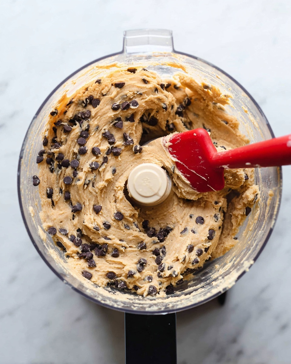 A clear food processor bowl filled with light brown cookie dough mixed with dark brown chocolate chips scattered evenly throughout the dough, creating a textured surface. The dough is thick and creamy, with some dough sticking to the sides of the bowl. A red spatula with a beige handle is partially dipped into the dough on the right side. The bowl sits on a black base against a white marbled surface, with light softly illuminating the scene from above. Photo taken with an iphone --ar 4:5 --v 7