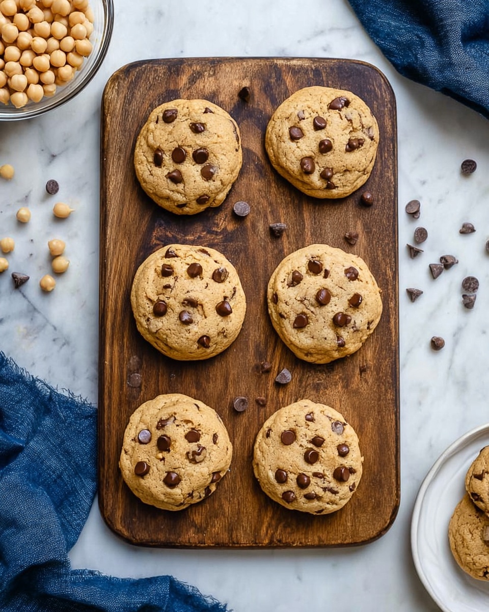 Six chocolate chip cookies are arranged in two neat vertical rows of three on a dark wooden paddle board. Each cookie is round and light golden brown with many small, dark chocolate chips spread unevenly on the surface. Around the wooden board, there are small scattered chocolate chips on a white marbled surface. On the left, a clear glass bowl holds pale beige chickpeas, and a dark blue cloth is partly visible in the lower-left corner. On the right edge, part of a white plate with a cookie is visible. Photo taken with an iphone --ar 4:5 --v 7
