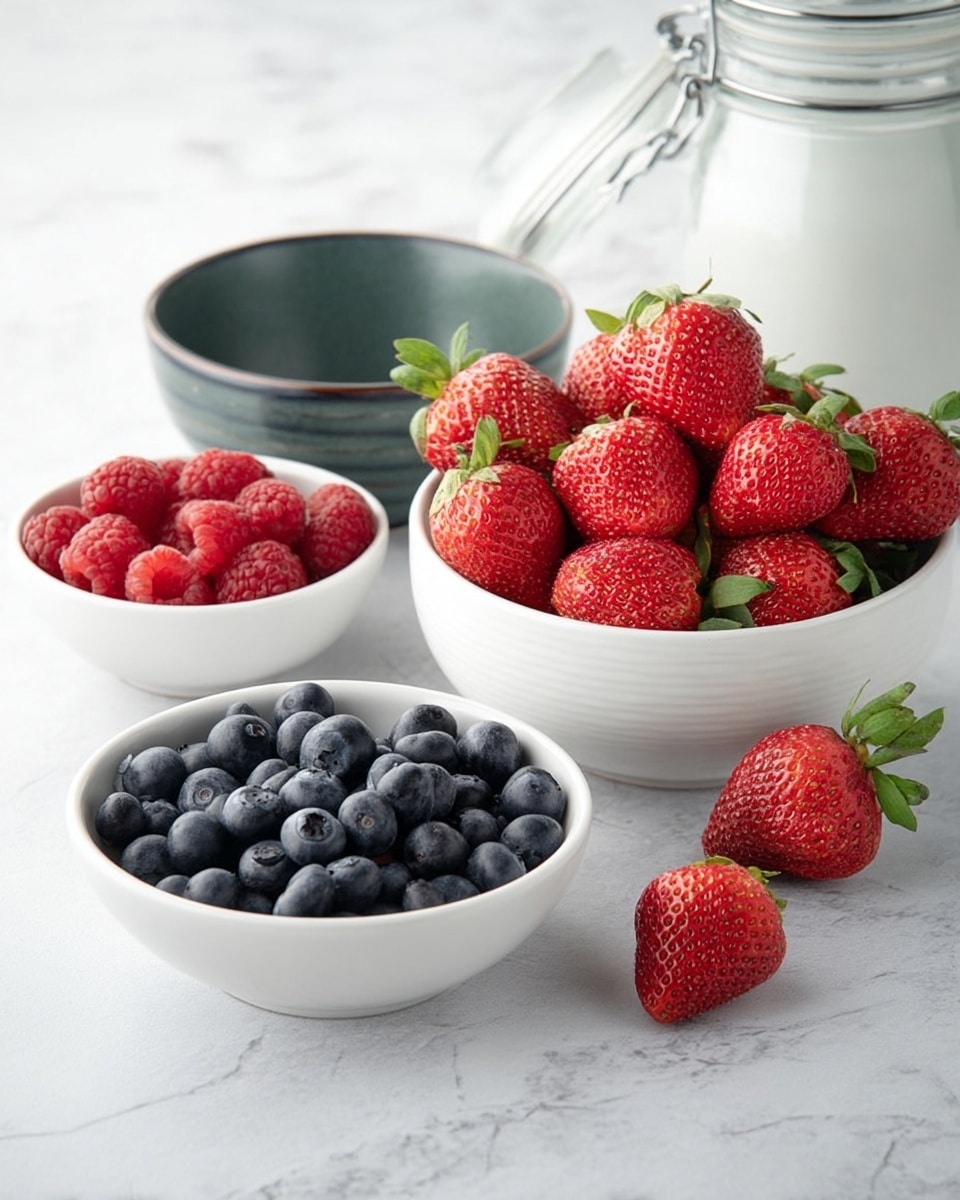 Three white bowls are shown on a white marbled surface in the background along with a white jar with a metal clasp. In front, there are three bowls filled with fresh fruit. On the right, a white bowl holds large red strawberries with green leaves. On the left and front, two white bowls contain red raspberries and dark blue blueberries respectively. The fruits have a fresh and ripe look with detailed texture and natural color. Photo taken with an iphone --ar 4:5 --v 7
