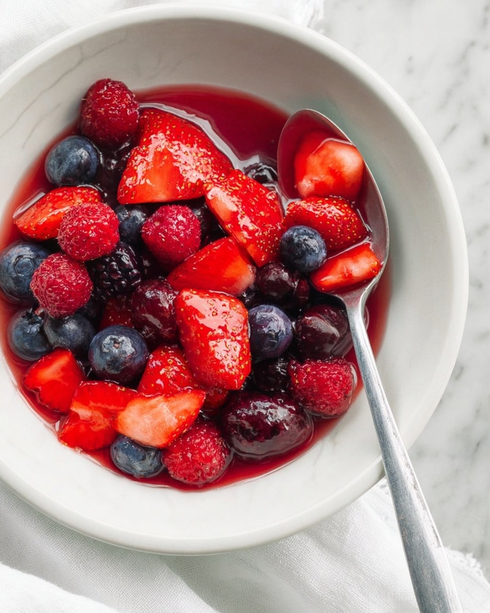 A white bowl filled with a vibrant mix of fresh berries including red strawberry pieces, dark blue blueberries, and deep red raspberries. The berries are glossy and appear juicy, sitting in a small amount of bright red syrup that pools slightly at the bottom of the bowl. A silver spoon rests inside the bowl, touching the syrup and berries. The bowl is placed on a white marbled surface with a white cloth partially visible nearby. photo taken with an iphone --ar 4:5 --v 7