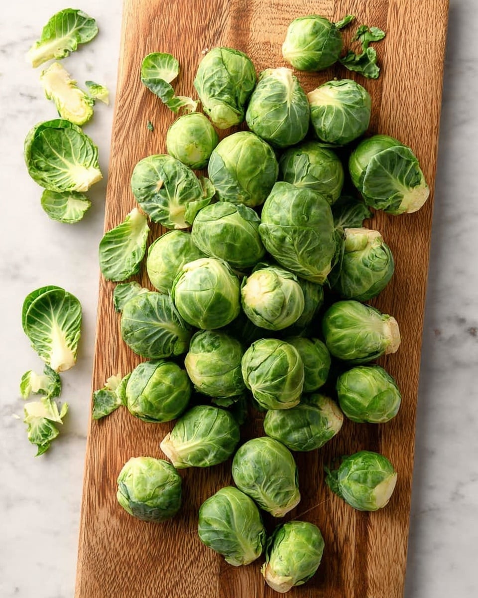 A wooden board is filled with many small green Brussels sprouts, some whole and some with loose outer leaves scattered around. The sprouts are bright green with a fresh, leafy texture. The wooden board has a warm brown color and natural grain, resting on a white marbled surface. photo taken with an iphone --ar 4:5 --v 7