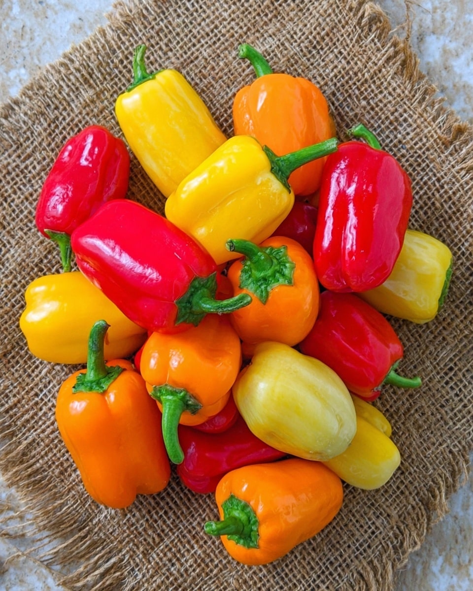 A bunch of small colorful bell peppers in shades of bright yellow, red, orange, and light green are gathered together on a piece of coarse burlap fabric, which is placed on a white marbled surface. The peppers have a smooth and shiny texture, with some showing green stems intact, and they overlap each other in a loose pile, creating a vibrant mix of colors. The overall setting appears fresh and natural, focusing on the peppers as the main subject. photo taken with an iphone --ar 4:5 --v 7