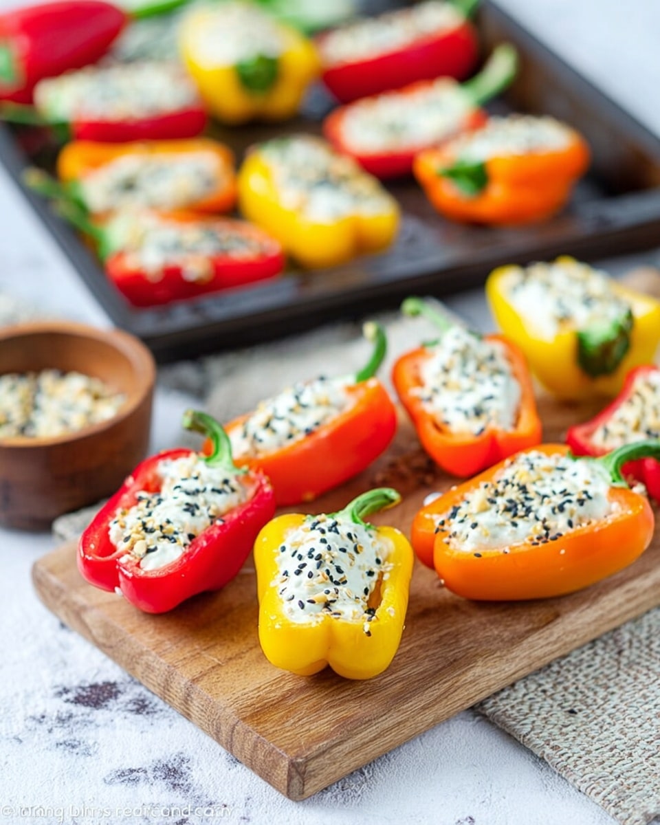 The image shows a wooden board on a white marbled surface with small, colorful mini bell peppers cut in half and filled with a creamy white mixture topped with black sesame seeds. The peppers come in red, yellow, and orange colors with smooth, shiny skin and green stems. Behind the board, there is a dark baking tray filled with more filled pepper halves, some slightly blurred. To the side, there is a small round wooden bowl holding additional filling or toppings. The scene is bright and clean with a casual, fresh look, and the white marbled surface offers a soft contrast to the warm colors of the peppers. photo taken with an iphone --ar 4:5 --v 7