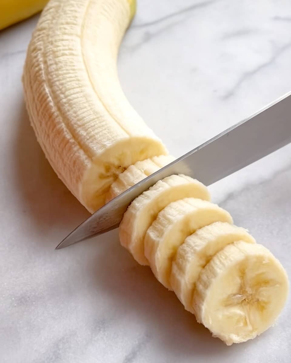 A peeled banana is placed on a white marbled surface with a knife slicing through its middle part into several round pieces. The banana is light yellow with soft texture, and the knife is silver, angled diagonally from right to left. The focus is on the even slices being cut while the rest of the banana stays whole, with a part of a woman's hand holding the knife. Photo taken with an iphone --ar 4:5 --v 7