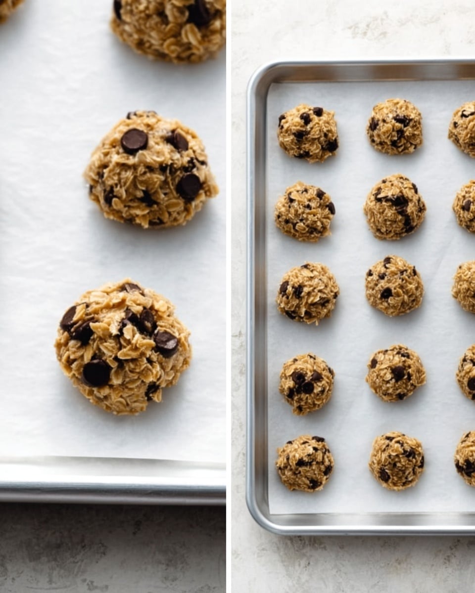 The image shows two views of unbaked oatmeal chocolate chip cookies on white parchment paper. On the left, a close-up of five round cookie dough scoops with a rough texture, light brown color with visible oats and dark chocolate chips scattered on top, all placed on a white marbled surface. On the right, a baking tray lined with white parchment paper holds twelve evenly spaced cookie dough scoops arranged in rows of three by four, all similar in size and texture to the close-up. The overall scene has a bright, clean look with the white marbled surface beneath. Photo taken with an iphone --ar 4:5 --v 7