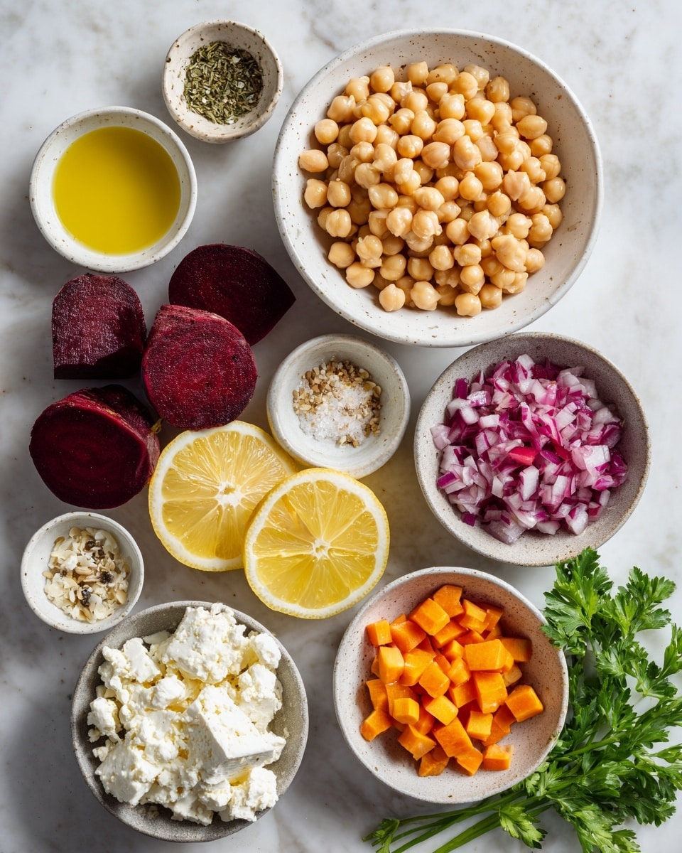 A white marbled surface holds a collection of small white bowls and one gray bowl, each filled with different ingredients arranged neatly. Starting from the top center, there is a large white bowl filled with light brown chickpeas. To its left, a small white bowl holds yellow olive oil, and beside it, another small white bowl has a mix of dried herbs. Below them, a gray bowl contains five whole deep red beets, with bright yellow lemon halves placed next to it. To the right of the lemon, a small white bowl is filled with finely chopped light purple onions, while below it, a gray bowl holds crumbly white feta cheese chunks. Next to the feta, a small white bowl is packed with small orange diced carrots. To the right of the carrots, two small white bowls hold minced garlic and a seasoning mix of coarse salt and pepper. A sprig of fresh green parsley lies beside these bowls on the right side, creating a colorful and fresh arrangement. photo taken with an iphone --ar 4:5 --v 7
