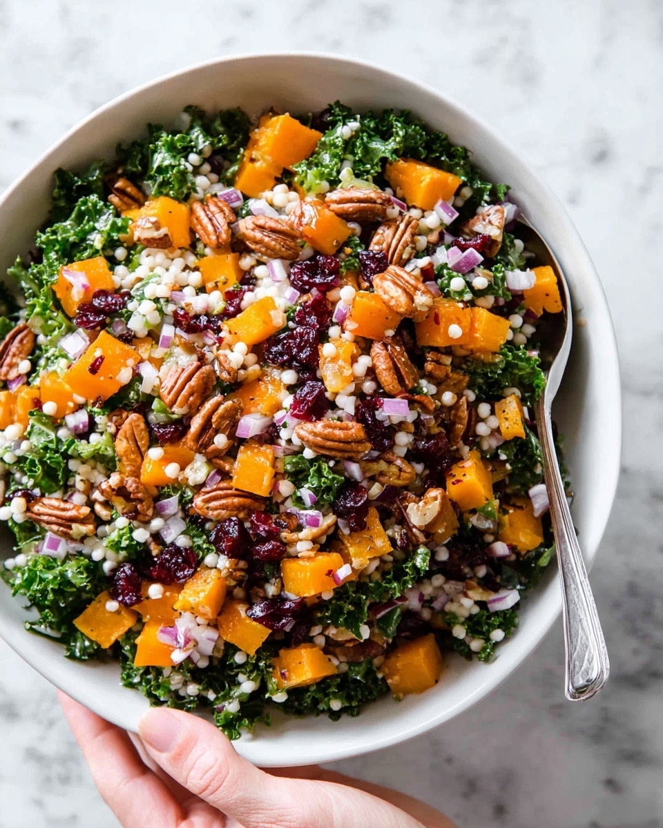 A clear glass bowl holds a mixed salad with three visible layers of diced vegetables and beans. The top layer is bright orange carrot cubes, the middle layer has dark purple beetroot chunks, and the bottom layer shows yellow-orange squash pieces. Scattered throughout are small beige beans and bits of white cheese, along with fresh green herb leaves. Two silver spoons rest inside the bowl, one held by a woman's hand reaching from the top left corner. The bowl sits on a white marbled surface, giving a clean and fresh look photo taken with an iphone --ar 4:5 --v 7