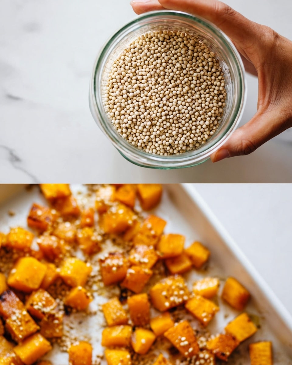 The first image shows a close-up top view of a glass jar filled nearly to the brim with small, round, light beige grains, sitting on a white marbled surface. The second image shows a white baking tray covered with small, cubed pieces of orange roasted vegetable, likely squash or pumpkin, with some seasoning visible on them. A woman's hand is seen gently picking up one of the roasted cubes from the tray. photo taken with an iphone --ar 4:5 --v 7