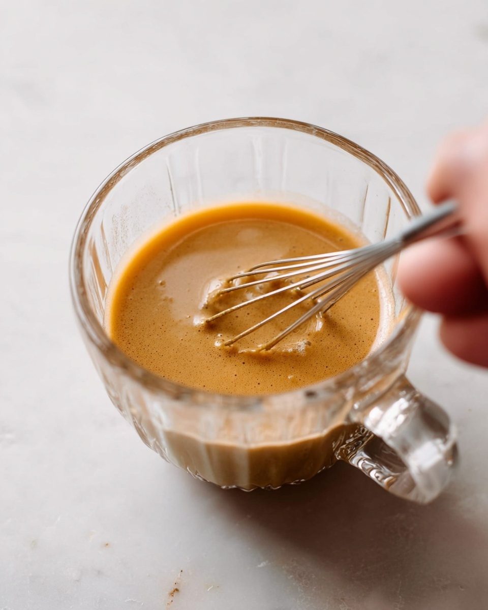 A clear glass cup with a handle is shown from above, filled with a light brown, creamy liquid being stirred by a small whisk held by a woman's hand on the right side of the image. The liquid has a smooth texture and shows soft bubbles around the edges. The cup sits on a white marbled surface, which is slightly blurred in the background, making the glass and the stirring action stand out. Photo taken with an iphone --ar 4:5 --v 7