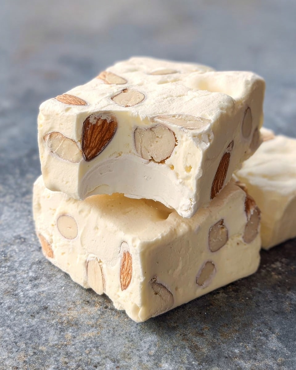 Two square pieces of light cream-colored nougat stacked on a gray stone surface, each piece showing whole almonds embedded inside the soft and slightly fluffy texture. The top piece has a small bite taken out from a corner, revealing the airy inside and nut details. The surface of the nougat is smooth with faint unevenness, giving it a natural, fresh look. Photo taken with an iphone --ar 4:5 --v 7