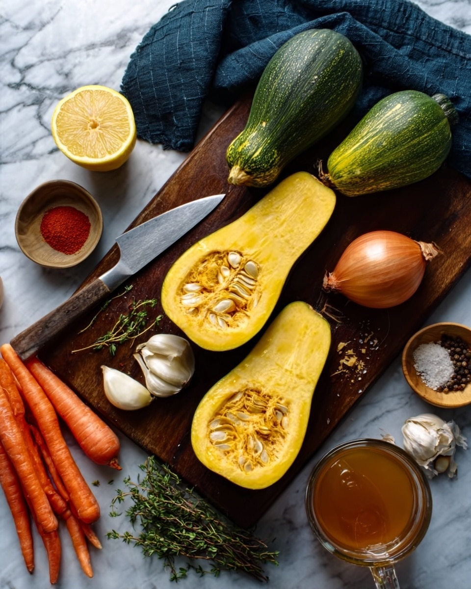 The image shows ingredients arranged on a dark wood cutting board and white marbled surface. At the center, there is a halved yellow squash with seeds and soft texture visible in the middle. Around it are two whole green and yellow squashes, a whole onion with light brown skin, and three garlic cloves. A lemon half is placed near the bottom left corner beside fresh thyme sprigs and two bright orange carrots. There are small bowls with ground spices and red seasoning, a glass cup of broth with a handle, and a honey container. A sharp knife rests beside the squash on the cutting board, and a woman's hand is not visible. A folded dark blue cloth is nearby. photo taken with an iphone --ar 4:5 --v 7