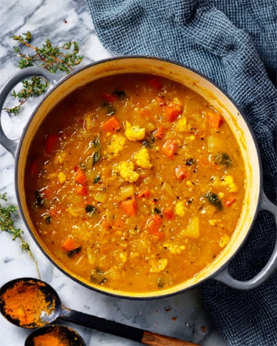 The image shows a white pot filled with thick, orange-yellow soup that has visible chunks of vegetables such as carrots and small pieces that look like cauliflower or potatoes evenly mixed in. The pot is placed on a white marbled surface with sprigs of fresh herbs nearby. Two black serving spoons with orange food remnants rest beside the pot, adding a natural and warm touch to the scene. A checkered blue-gray cloth is casually placed at the top right corner. The soup has a smooth yet chunky texture with hints of spices and vegetables throughout. Photo taken with an iphone --ar 4:5 --v 7