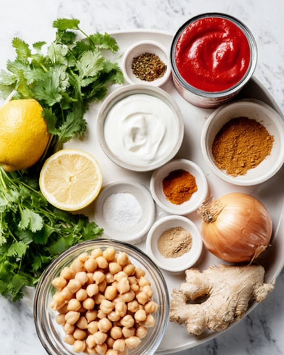 A white round plate holds several small white bowls arranged in a circle on a white marbled surface. One bowl contains smooth white yogurt, another has bright red tomato puree pouring from a can, and a third holds light brown powdered spices. Near the bowls are various fresh ingredients including bright green cilantro, yellow lemon halves, a whole onion with shiny brown skin, and fresh ginger. A large glass bowl filled with pale beige chickpeas sits to the side. The colors range from the red of the tomato puree to the green of the cilantro, beige chickpeas, white yogurt, and brown spices, all organized neatly on the white marbled background. photo taken with an iphone --ar 4:5 --v 7