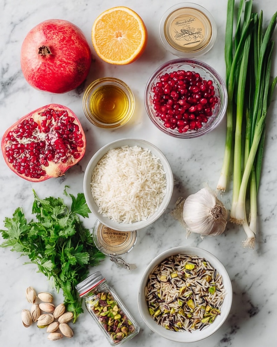 The image shows an overhead view of various fresh ingredients arranged on a white marbled surface. In the center, there are two white bowls, one filled with white rice and the other with a mix of wild rice, each showing each grain's distinct texture. Above them, a small clear glass bowl holds bright red pomegranate seeds beside half of a vibrant orange, its juicy segments facing up. To the left, a whole pomegranate with a shiny red skin sits next to a small jar of olive oil. Below, a clear container with more pomegranate seeds is partially open. Nearby, a clear bowl filled with chopped pistachios reveals green and purple hues. On the left edges, fresh green onions and sprigs of mint lie flat, contrasting with bright green parsley bunches on the right. Two garlic cloves rest near the herbs, and a small jar of honey with a spoon inside sits next to the pistachios. The colors are fresh and bright, and the textures range from smooth to grainy, all on a clean white marble surface. photo taken with an iphone --ar 4:5 --v 7