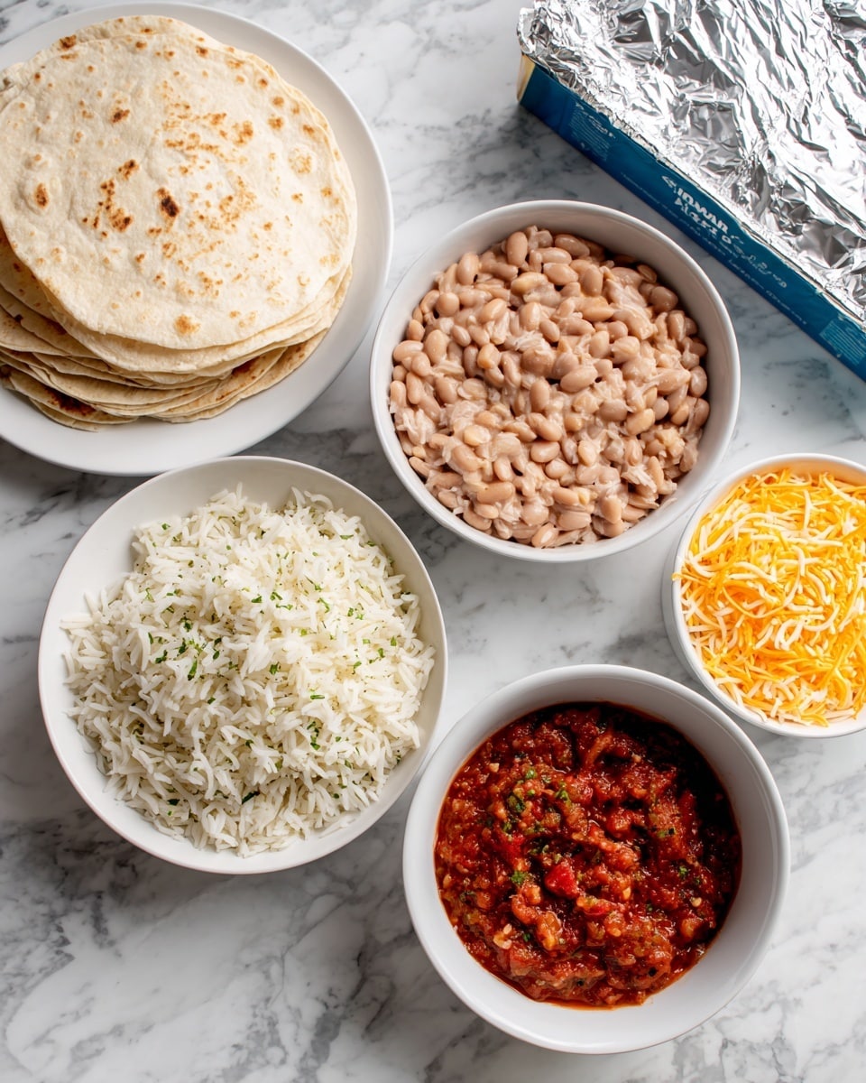 The image shows five white bowls and plates on a white marbled surface. Starting from the left, there is a white plate stacked with soft tortillas. Next to it, a white bowl filled with light brown refried beans with a slightly creamy texture. Below the beans, another white bowl holds cooked white rice mixed with small green herbs. To the right, a small white bowl contains chunky red salsa, and next to it is a small bowl with shredded orange cheddar cheese, showing fine thin strips. A blue box of aluminum foil is placed at the top right corner of the image. photo taken with an iphone --ar 4:5 --v 7