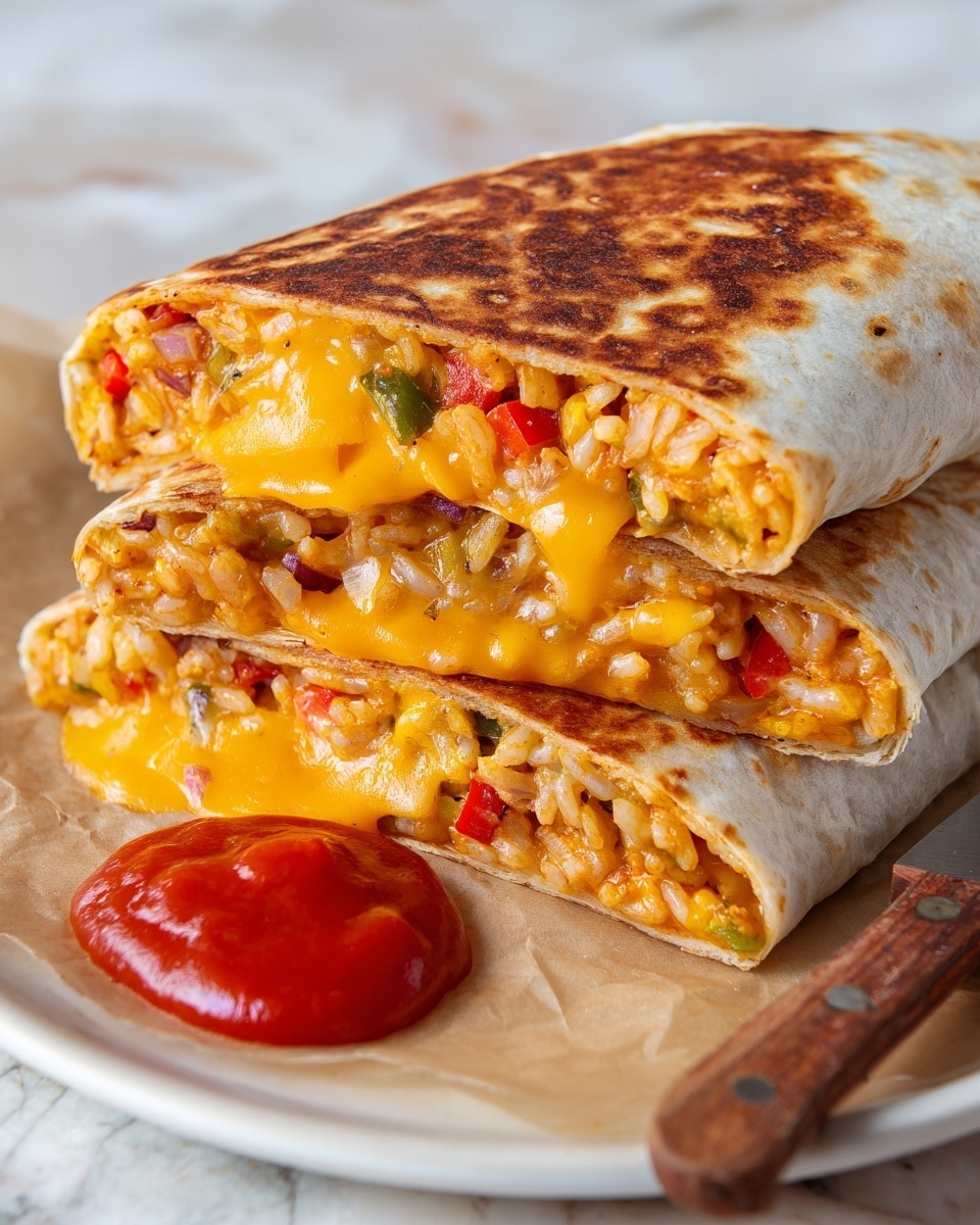 A toasted wrap cut in half shows three main layers inside: the outer warm, slightly crispy light brown tortilla; a middle layer of melted orange cheese flowing out from the edges; and an inner layer of rice mixed with small bits of vegetables like red and green peppers and onions. The wrap is placed on a white plate lined with brown parchment paper, next to a small dollop of thick, bright red sauce. A wooden handled knife lies beside the wrap on the plate. The background is a white marbled texture photo taken with an iphone --ar 4:5 --v 7