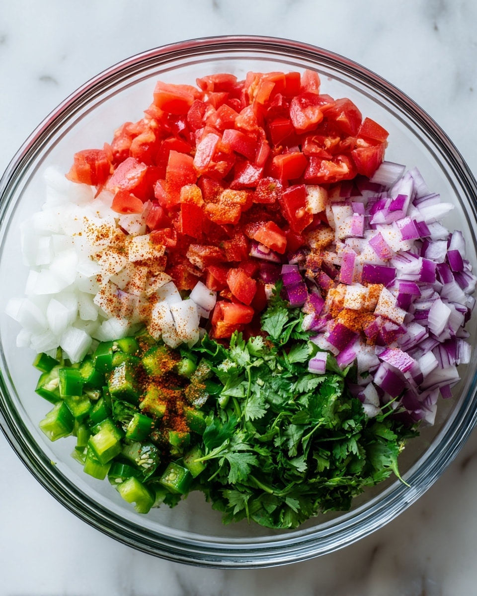 A transparent glass bowl sits on a white marbled surface, filled with four distinct layers of fresh chopped vegetables arranged side by side. One section shows bright red diced tomatoes with a juicy texture, next to a pile of finely chopped white and purple onions, creating a mix of light and dark shades. Beside the onions, there is a group of small bright green chopped peppers showing a smooth texture. Finally, there is a cluster of fresh green cilantro leaves with a leafy texture. Some red-orange spices are sprinkled lightly over the onions and tomatoes, adding a warm color contrast. photo taken with an iphone --ar 4:5 --v 7