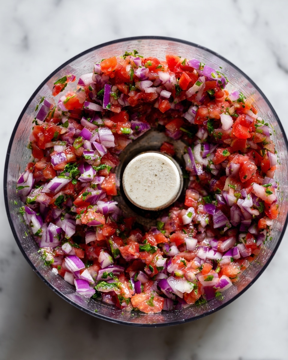 The image shows a clear food processor bowl filled with finely chopped ingredients. There are visible layers of small, diced red tomatoes, purple and white onion pieces, and green herbs mixed throughout. The textures are small chunks with some moisture visible, evenly spread inside the bowl. The food processor is placed on a white marbled surface, and the spinning blade is visible in the center. photo taken with an iphone --ar 4:5 --v 7