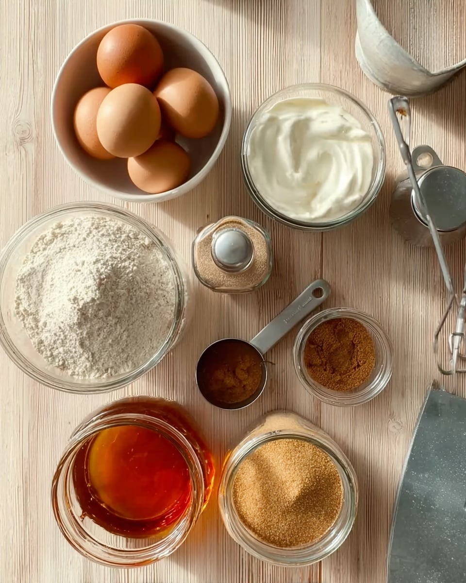 The image shows a top view of several baking ingredients arranged on a light brown wooden table. There is a white bowl with three whole brown eggs near the top left. To the right of the eggs, a silver measuring cup filled with white cream or yogurt is resting on the table. Below the eggs, another silver measuring cup is filled with light brown sugar. In the center bottom is a glass jar filled with amber-colored liquid, possibly honey or syrup. To the left of the jar is a small glass container with ground cinnamon. A large glass jar containing white flour is on the far left side. A silver vanilla extract bottle stands near the middle top, with a silver ring cap next to it. Finally, part of a gray kitchen tool, possibly a dough cutter or scraper, is visible at the bottom right. The background is a white marbled texture photo taken with an iphone --ar 4:5 --v 7