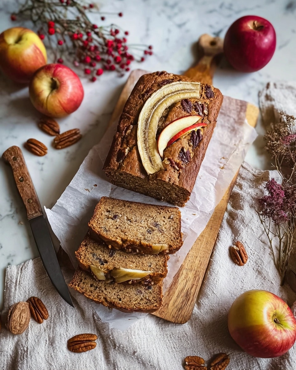 A loaf of brown bread with a textured top featuring a sliced banana and thin red apple slices is placed on a white sheet of parchment paper on a wooden board. Five slices of the bread, showing a soft interior with small dark nut pieces, are cut from the loaf, two lying flat in front of it. Around the cutting board are whole pecans, several red and yellow apples, a serrated knife with a wooden handle, a white cloth with a subtle textured pattern, and sprigs of dried flowers with red berries. The setting has a rustic feel with warm tones from the bread, nuts, and apples, and a white marbled background surface. photo taken with an iphone --ar 4:5 --v 7