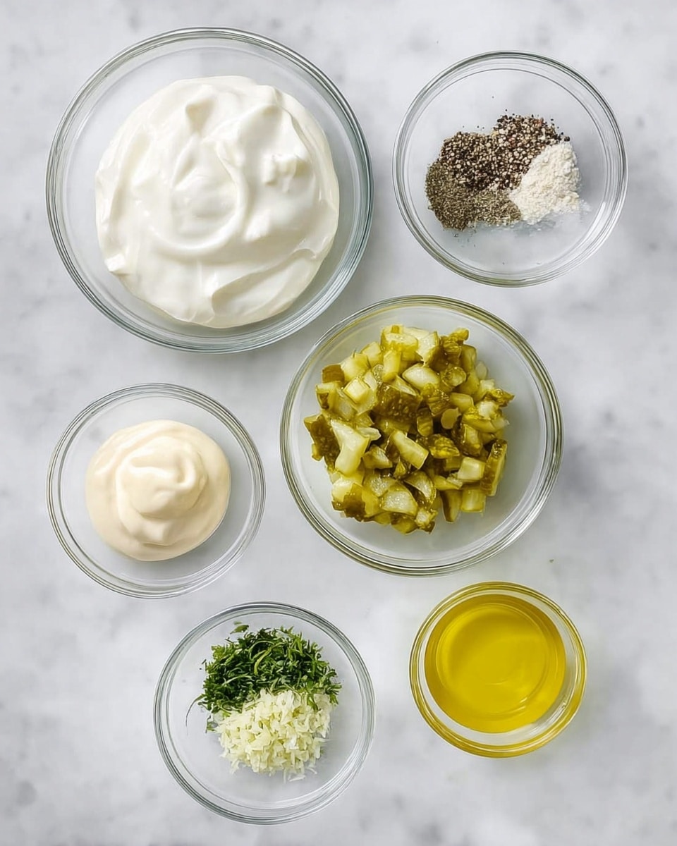 The image shows seven clear glass bowls arranged on a white marbled surface. The largest bowl at the top left contains smooth, thick white cream. To the right of it is a bowl filled with small diced greenish-yellow pickles. Below the cream bowl is a smaller bowl of pale, creamy mayo. On the bottom row, from left to right, there is a bowl with coarse salt and black pepper, a bowl filled with finely chopped green herbs, a smaller bowl with finely grated pale garlic, and a bowl with light golden olive oil. All bowls are neatly placed and the colors contrast clearly against the white marbled surface. photo taken with an iphone --ar 4:5 --v 7