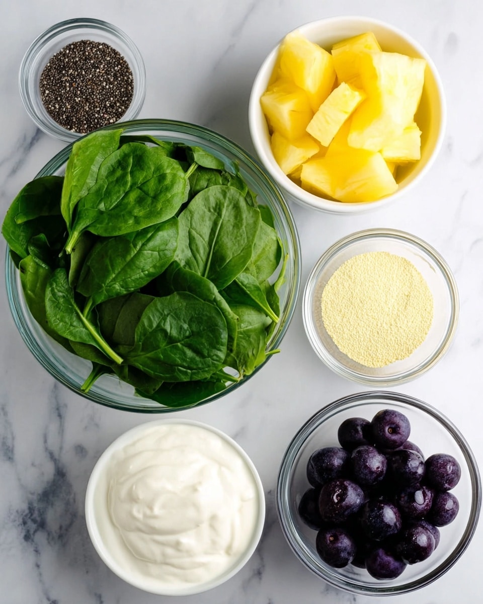 The image shows five bowls placed on a white marbled surface. In the center is a clear glass bowl filled with fresh green spinach leaves, large and smooth. At the top left is a white bowl filled with bright yellow pineapple chunks. To the top right is a clear glass bowl containing a fine, light yellow powder. At the bottom left is a small clear glass bowl with black chia seeds, showing a grainy texture. At the bottom center is a white bowl filled with thick, creamy white yogurt, smooth on top. At the bottom right is another clear glass bowl filled with dark purple blueberries, round and shiny. photo taken with an iphone --ar 4:5 --v 7