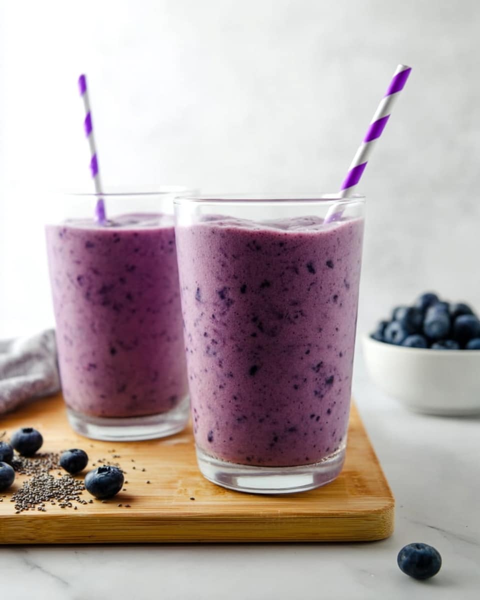 Two clear glass cups filled with thick purple blueberry smoothie, showing tiny dark specks of blended fruit throughout. Each cup has a purple and white striped straw standing upright. The cups sit side by side on a light wooden board placed on a white marbled surface. Around the board, several whole blueberries and tiny chia seeds are scattered. In the background, there is a white bowl with more blueberries, slightly out of focus. photo taken with an iphone --ar 4:5 --v 7