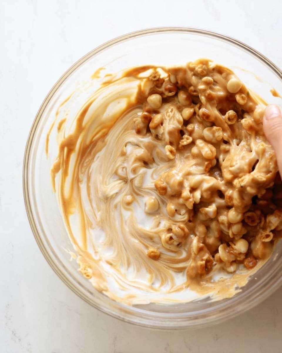 The image shows a clear glass bowl with a creamy mixture inside, containing light brown and beige swirls, along with small round cereal pieces spread throughout. The mix looks thick and smooth with a slightly shiny texture. The bowl is placed on a white marbled surface with part of a woman's hand visible at the top right, holding the bowl. photo taken with an iphone --ar 4:5 --v 7