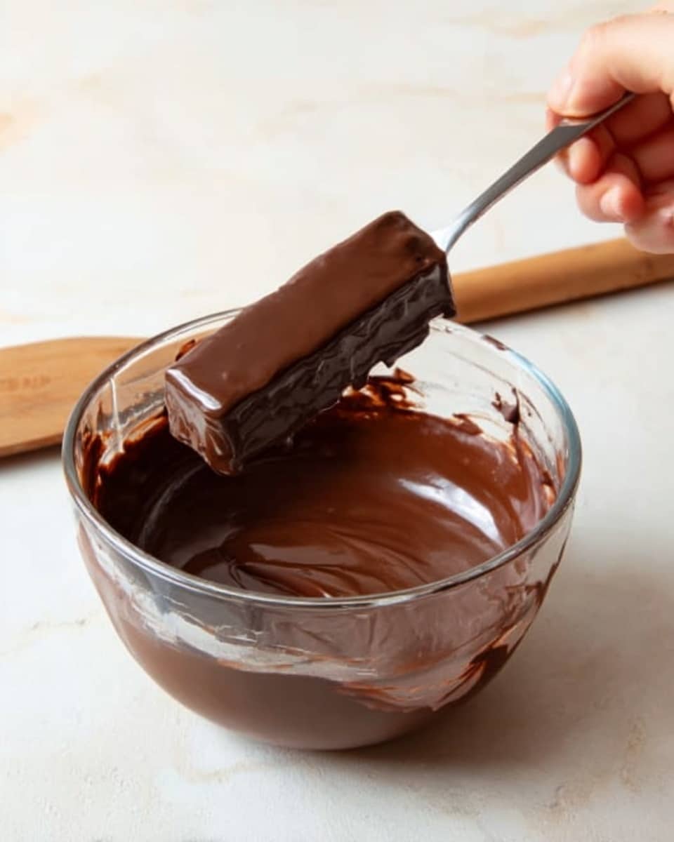 A clear glass bowl filled with smooth, shiny dark chocolate; a woman’s hand is holding a fork lifting a rectangular piece fully covered in the melted chocolate from the bowl. The background is a white marbled surface with a wooden tool placed diagonally near the bowl. The melted chocolate has a glossy texture with gentle ripples on its surface and some smears on the inside edges of the bowl. photo taken with an iphone --ar 4:5 --v 7