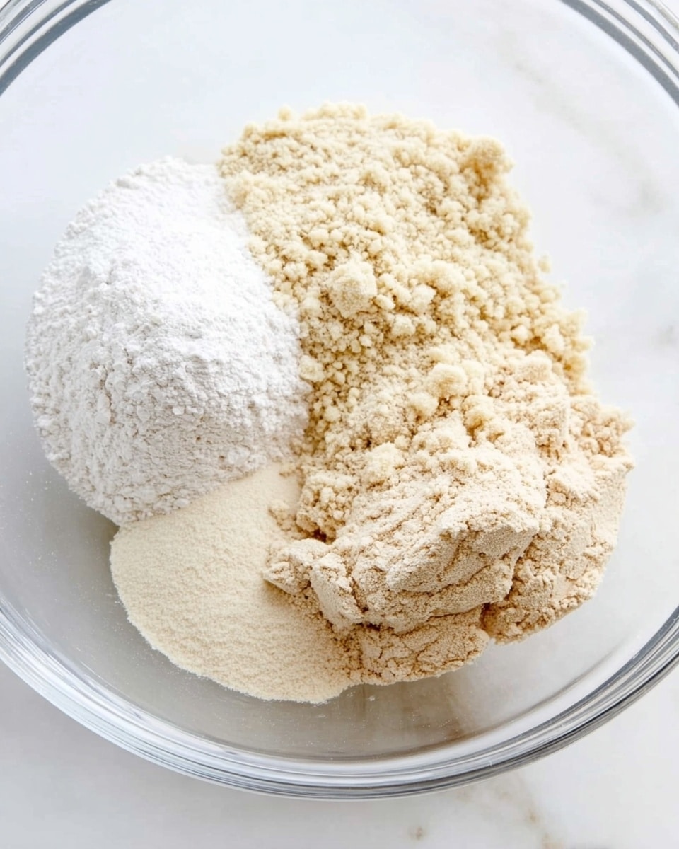 A clear glass bowl sits on a white marbled surface holding three separate piles of powder in a roughly circular shape, each touching the others. One pile is white and smooth, the second is light beige with a fine crumbly texture, and the third is a slightly darker beige with a crumbly texture as well. The powders are arranged so that the lightest color is at the lower left, the darker beige is at the upper left, and the slightly darker beige is at the right side, forming a balanced visual mix. Photo taken with an iphone --ar 4:5 --v 7