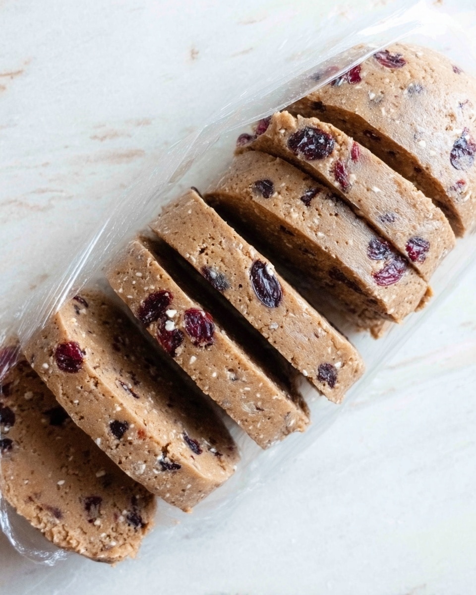 The image shows a log-shaped brown dough with visible pieces of dark red fruit mixed inside, sliced into six pieces. The dough has a rough texture with small white bits scattered throughout. The slices are arranged in a row on clear plastic wrap, which lies on a white marbled surface. The dough looks dense and lightly crumbly at the edges. photo taken with an iphone --ar 4:5 --v 7