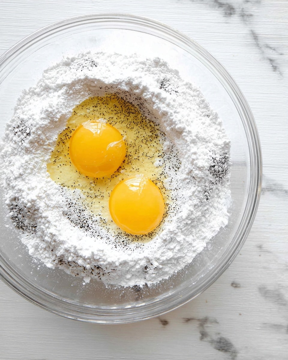 A clear glass bowl sits on a white marbled surface, filled with a layer of white powdered sugar mixed with tiny black specks. On top of the powder, there are two cracked raw eggs with bright yellow yolks. The texture of the powder looks soft and fine, surrounding the smooth and shiny eggs in the center of the bowl. Photo taken with an iphone --ar 4:5 --v 7