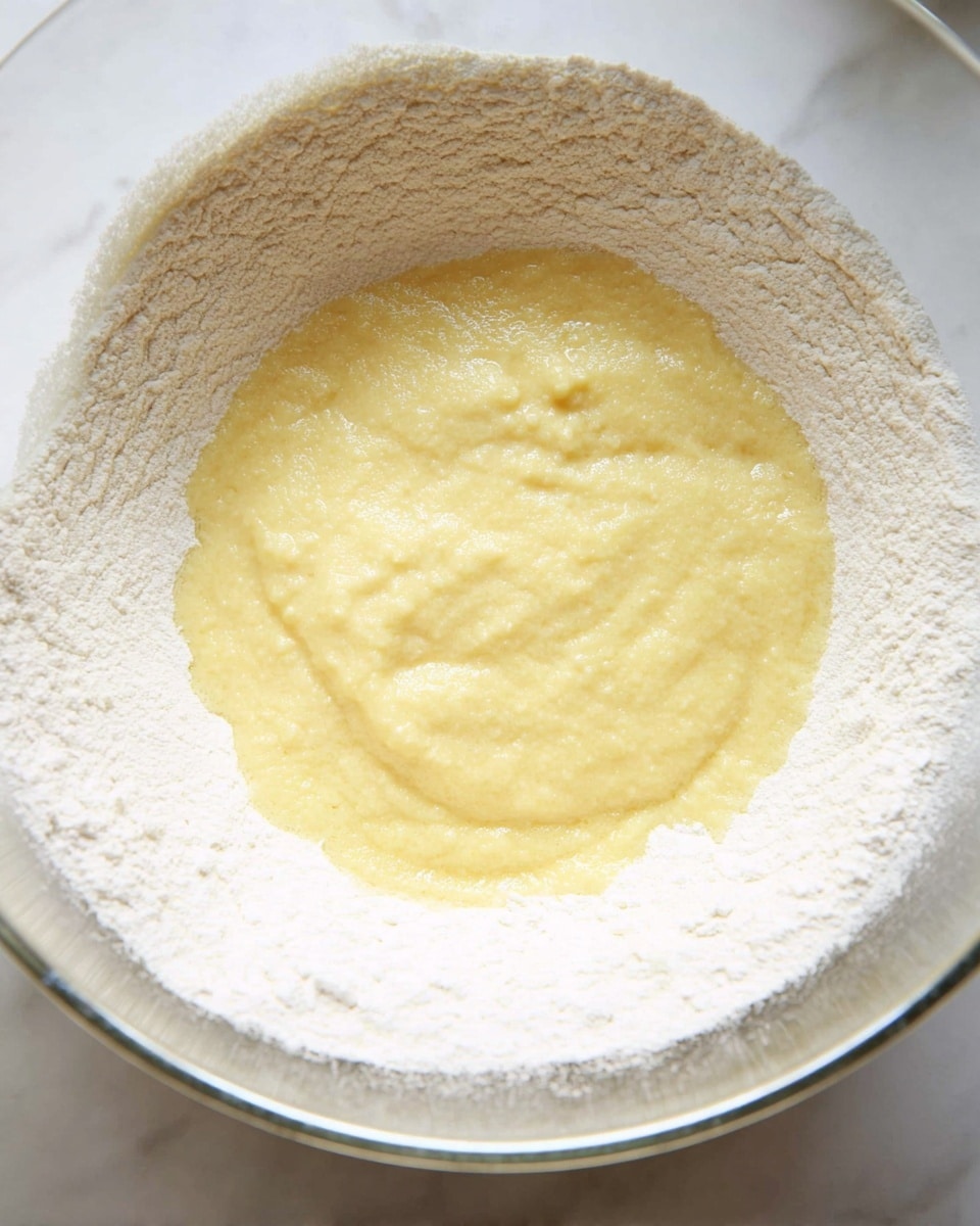 A clear glass bowl sits on a white marbled surface, filled with a ring of fine white flour around the edge, creating the first layer. Inside the flour ring, a thick, pale yellow mixture with a slightly rough texture forms the second layer, filling the center of the bowl. Light reflects off the smooth surface of the mixture, showing some small lumps and a gentle shine. Photo taken with an iphone --ar 4:5 --v 7