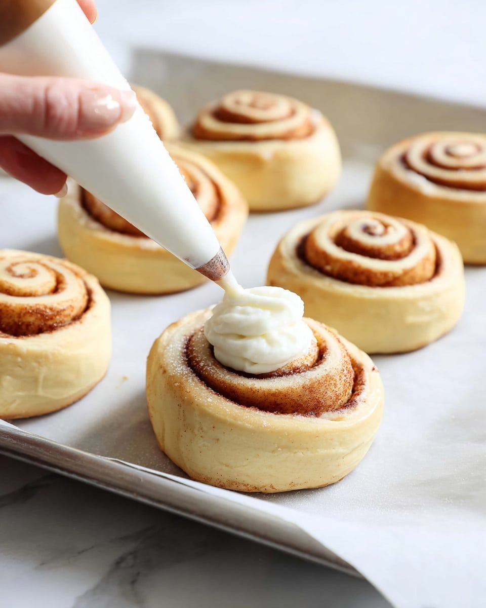 The image shows a close-up of six cinnamon rolls on a baking tray lined with white parchment paper. Each roll has a clear spiral pattern with golden brown and light beige dough layers. A woman's hand is holding a piping bag, applying thick white icing in a round dollop on the closest cinnamon roll in the foreground. The tray is set on a surface with a white marbled texture. The overall scene is bright with soft natural light. photo taken with an iphone --ar 4:5 --v 7