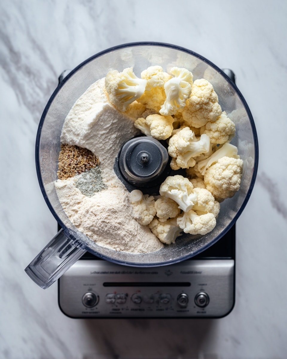 A clear food processor bowl shows a mix of ingredients before blending, with small off-white cauliflower florets clustered mostly on the right side. The rest of the bowl is filled with several pale yellow and white powdery ingredients, including flour and possibly grains, arranged in separate patches around the cauliflower. Inside the bowl, a sharp blade is visible near the center, surrounded by the ingredients. The machine base below is metallic with buttons and a display, sitting on a white marbled surface. photo taken with an iphone --ar 4:5 --v 7