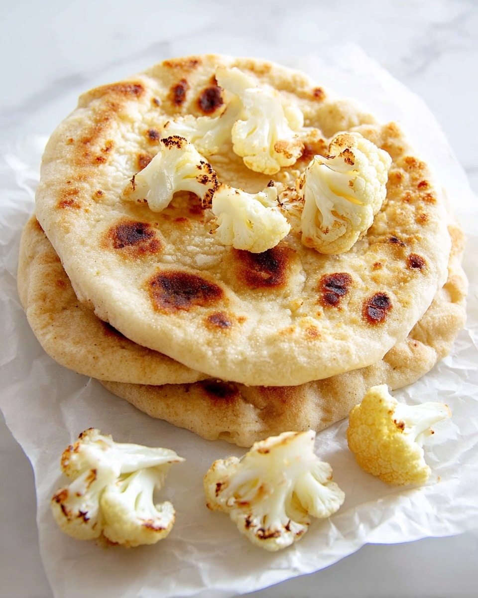 Two lightly browned flatbreads stacked on top of each other rest on a piece of white parchment paper on a white marbled surface. On the top flatbread, small pieces of charred cauliflower are scattered, showing a mix of creamy white and golden brown colors with slightly crispy edges. More cauliflower pieces are placed beside the stack on the parchment paper. The flatbreads have a soft, slightly puffy texture with golden spots where they have been cooked. Photo taken with an iphone --ar 4:5 --v 7