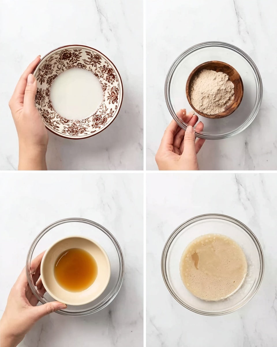 The image shows four photos arranged in a 2x2 grid, each with a clear glass bowl on a white marbled surface. In the top left image, a woman's hand holds a small brown bowl with white floral patterns, filled with a white liquid, over the larger glass bowl. In the top right image, a woman's hand holds a small dark wooden bowl containing a light beige powder, above the glass bowl. The bottom left image shows a woman's hand holding a small beige bowl filled with a golden-brown liquid above the glass bowl. The bottom right image shows the three ingredients mixed together in the glass bowl, creating a light beige, slightly bubbly liquid resting at the bottom of the bowl. photo taken with an iphone --ar 4:5 --v 7