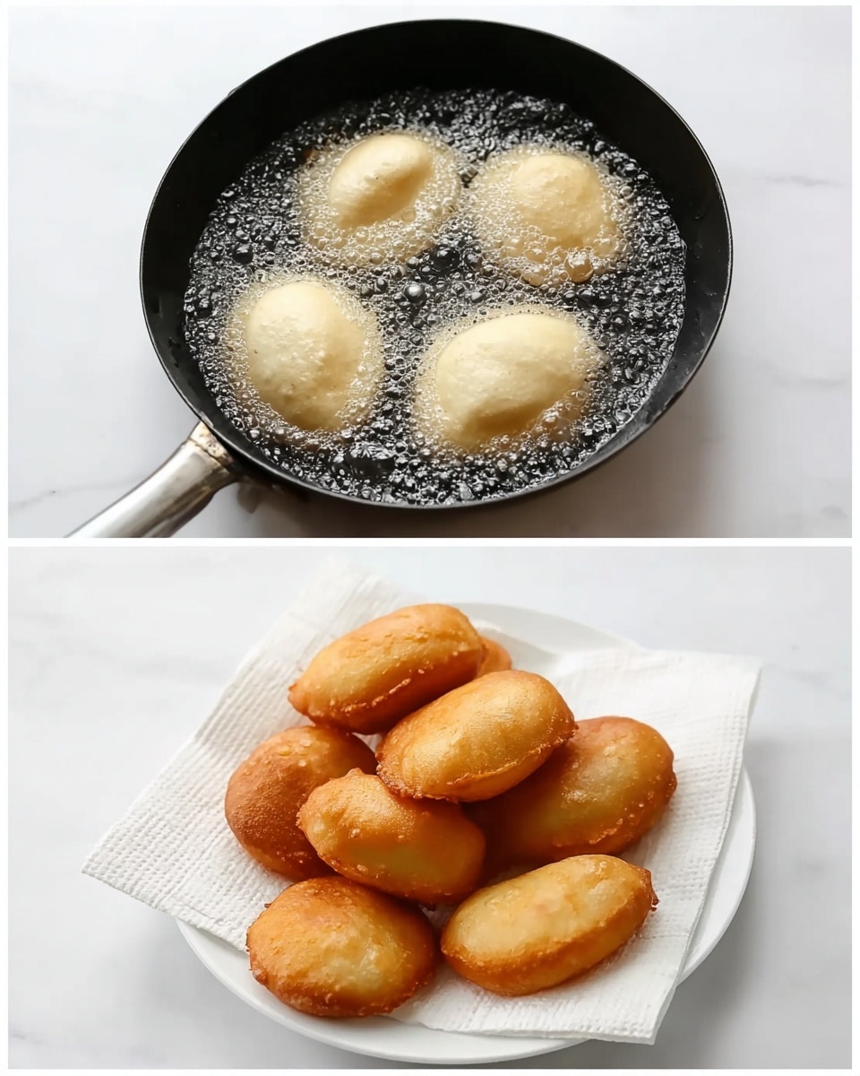 In the first part of the image, three dough pieces are frying in hot oil inside a black pan, each piece light beige and puffed, floating in bubbling oil. The second part shows a white plate piled with seven golden-brown fried dough pieces, each with a slightly shiny and smooth surface, resting on a white paper towel on a white marbled background. photo taken with an iphone --ar 4:5 --v 7