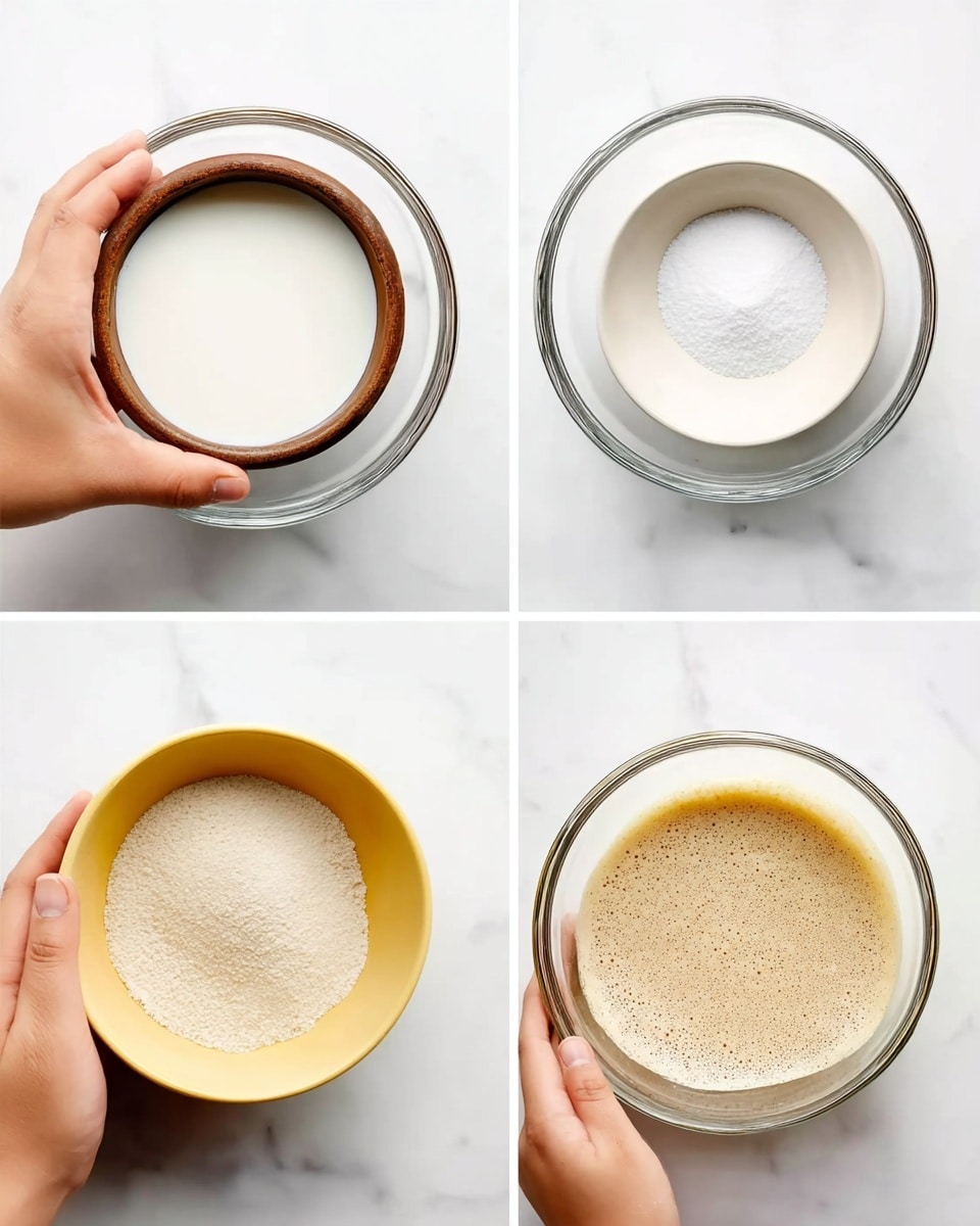 A clear glass bowl on a white marbled surface contains four stages of mixing. The first stage shows a woman's hand holding a small brown bowl filled with white milk above the large glass bowl. The second stage has a woman's hand holding a small white bowl filled with white sugar above the same bowl. The third stage shows a woman's hand holding a small yellow bowl filled with light beige dry yeast. The last stage displays the glass bowl filled with a foamy light beige liquid mixture that combines all ingredients. photo taken with an iphone --ar 4:5 --v 7