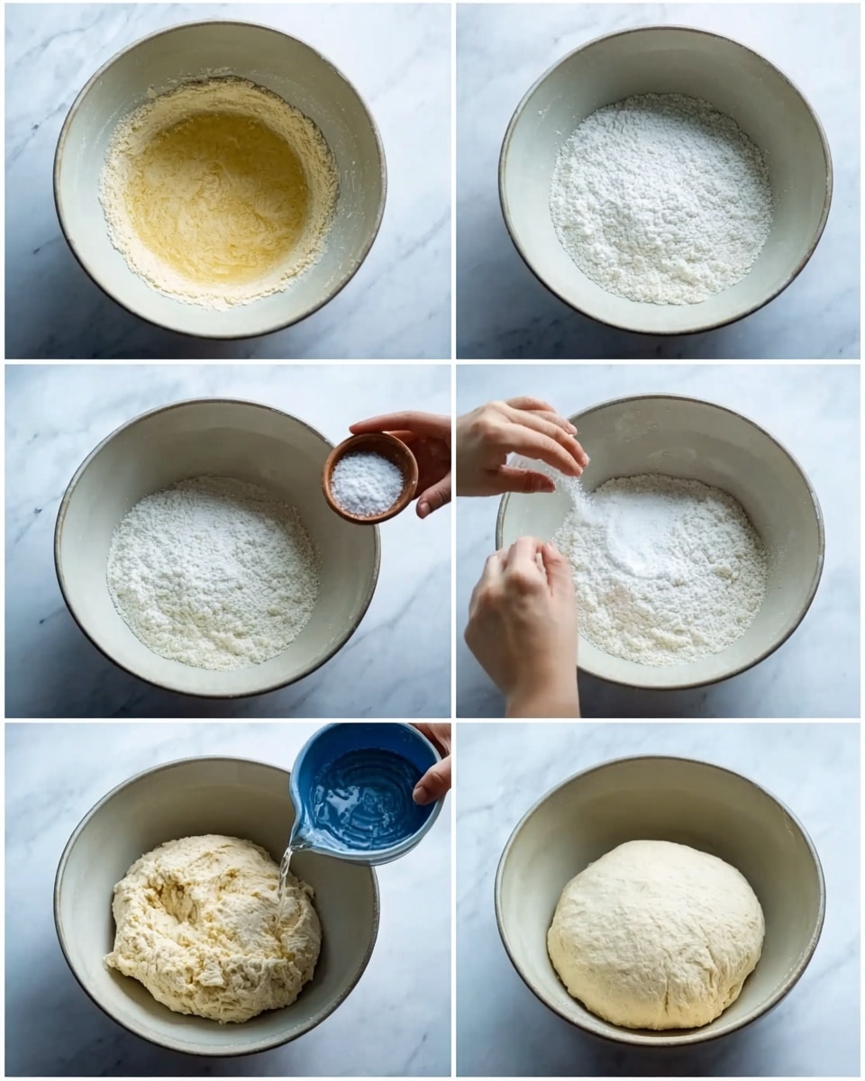 A series of six images shows the process of mixing dough in a large white bowl on a white marbled surface. The first image has a layer of yellowish flour at the bottom of the bowl. The second image shows a white powdery layer, likely flour or sugar, added on top. In the third image, a woman's hand holds a small brown dish with white granules, sprinkling them into the bowl. The fourth image shows another woman's hand holding a small blue dish, pouring a clear liquid into the bowl. The fifth image shows the ingredients mixed into a rough, uneven dough mass inside the bowl, which then becomes a smooth, round dough ball in the last image. The bowl has a matte finish and the lighting is soft and natural. Photo taken with an iphone --ar 4:5 --v 7