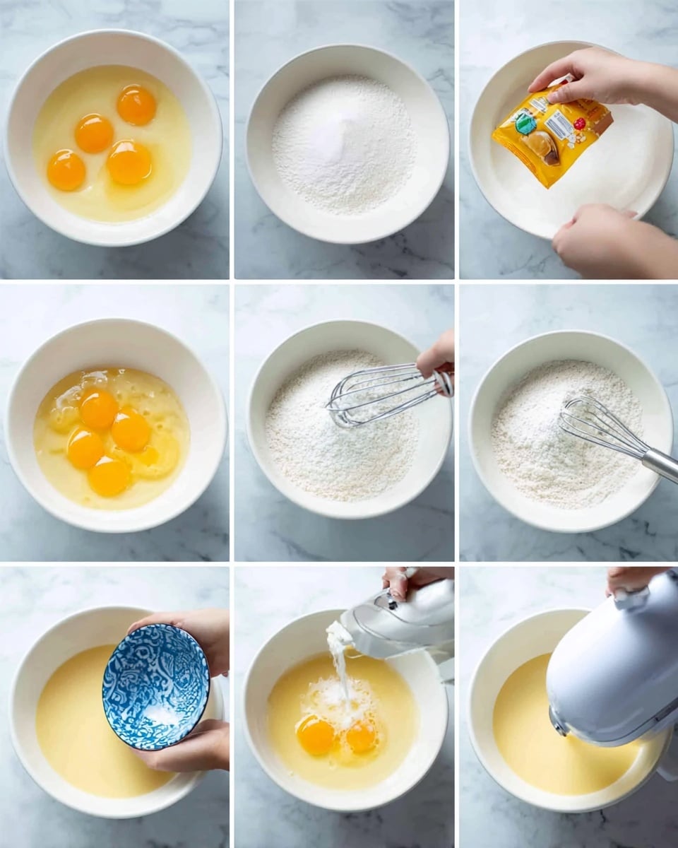 A sequence of nine images shows the process of mixing ingredients in a large white bowl placed on a white marbled surface. The first image has three raw egg yolks and whites in the bowl. The second image adds a pile of white granulated sugar on top of the eggs. The third image shows a woman's hand holding a small yellow packet of cashew nuts over the bowl. The fourth image shows a white electric mixer starting to blend the eggs and sugar. The fifth image reveals a woman's hand holding a blue and white patterned small bowl with liquid above the white bowl. The sixth image shows the mixer blending a light, frothy yellow batter. The seventh image has a woman's hand holding a small yellow packet of baking powder near the bowl. The eighth image shows a woman's hand pouring white flour from the blue bowl into the white large bowl. The ninth image has a woman's hand pouring a white liquid from the blue bowl into the large bowl, where the batter’s color is pale yellow. photo taken with an iphone --ar 4:5 --v 7