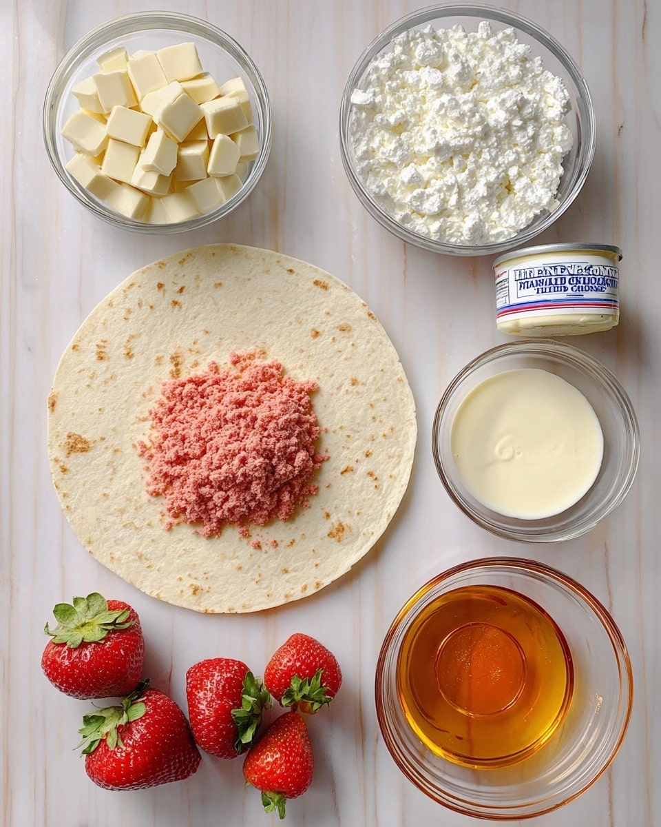 The image shows a top view of several ingredients placed on a white marbled surface. In the center is a flat round tortilla with a small glass bowl holding pinkish-red crumbly powder right on top. Around the tortilla, starting from top left and moving clockwise, there is a glass bowl with white chocolate pieces, a glass bowl filled with smooth white cream, a glass bowl with a light yellow liquid, a glass bowl containing white powdered sugar, a small container of Philadelphia cream cheese with blue and red text, and finally a glass bowl holding bright red strawberries with green leaves. A very small glass bowl with amber liquid is also placed on the tortilla near the crumbly powder. photo taken with an iphone --ar 4:5 --v 7