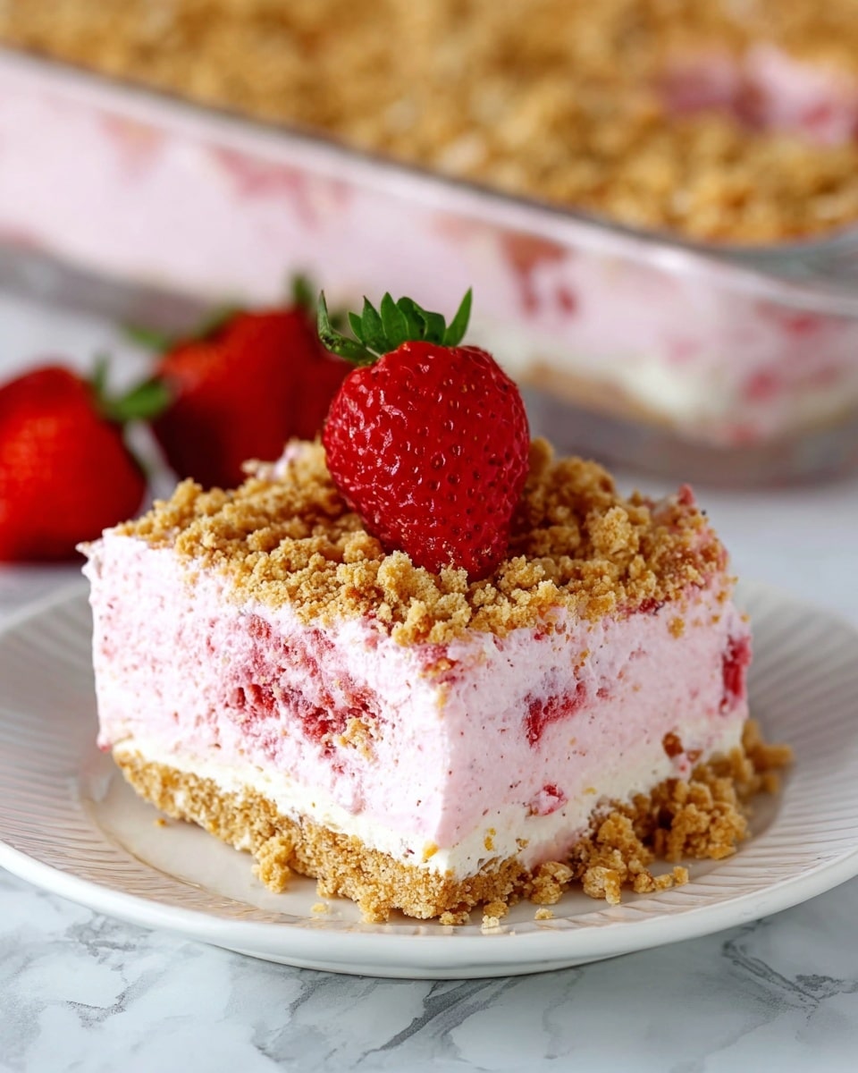 The image shows a square slice of strawberry dessert with three layers. The bottom layer is light golden brown crust, crumbly and thin. The middle layer is thick and fluffy pink cream with red strawberry pieces mixed inside, creating a soft texture. The top layer is a generous crumbly golden brown topping. On top of the slice is a fresh, whole red strawberry with green leaves. The slice sits on a white plate with subtle texture, and behind it is a glass dish with the rest of the dessert. The background is a white marbled surface. photo taken with an iphone --ar 4:5 --v 7